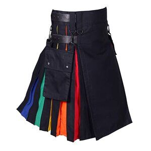 Men’s Black Rainbow Pleated Cargo Kilt  Hybrid Utility Festival Wear